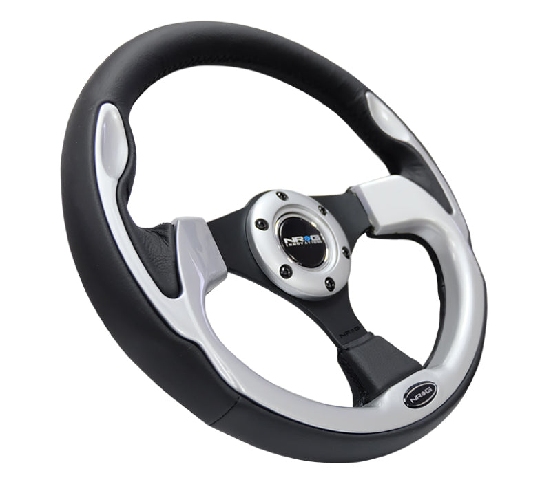 NRG Reinforced Steering Wheel (320mm) Blk w/Silver Trim & 5mm 3-Spoke-thumbmail-1