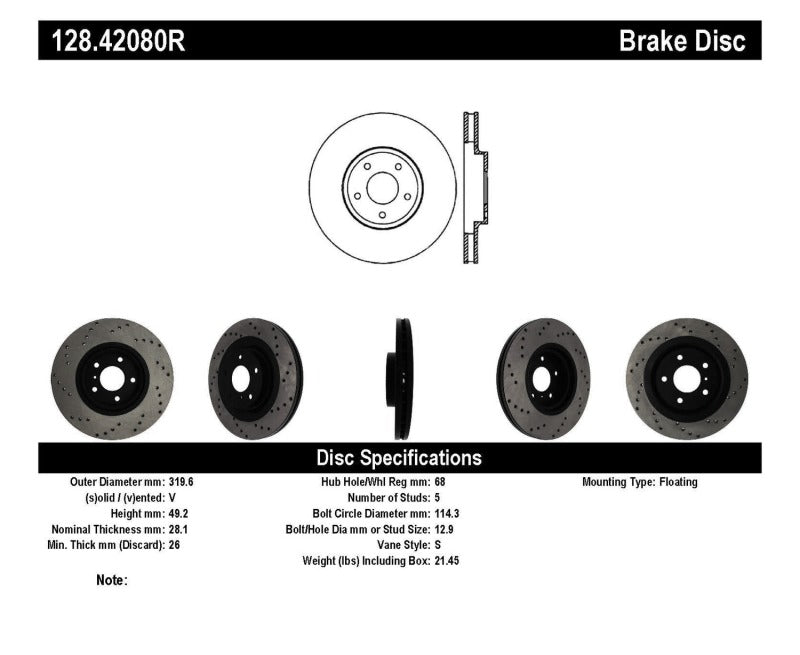 StopTech 08-09 Infiniti EX35 / 05-08 G35 / 09 G37 / 06-09 M35/M45 Drilled Right Front Rotor-thumbmail-3