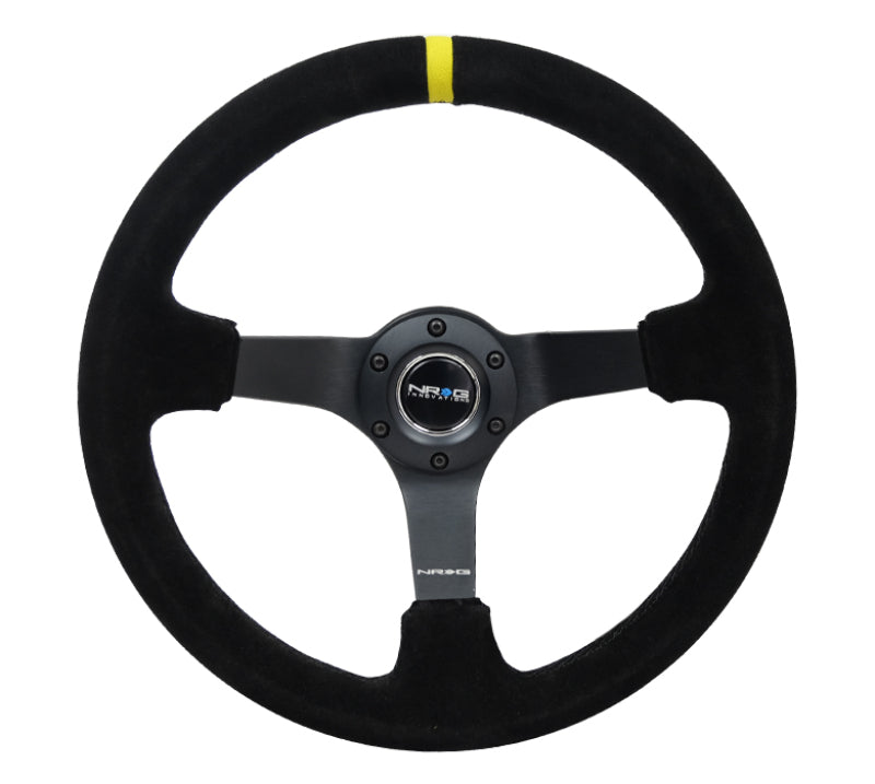 NRG Reinforced Steering Wheel (350mm / 3in. Deep) Blk Suede/X-Stitch w/5mm Blk Spoke & Yellow CM-thumbmail-1