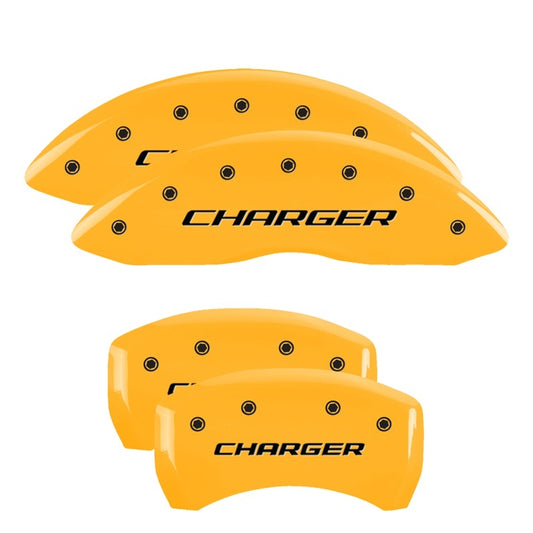 MGP 4 Caliper Covers Engraved F & R Stripes/Challenger Yellow Finish Black Char 2006 Dodge Charger