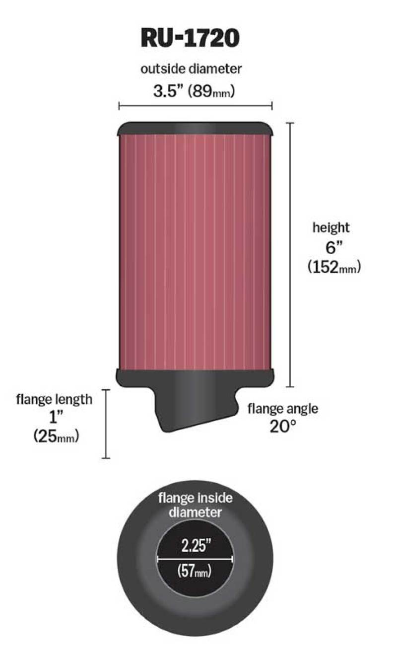 K&N Filter Universal Rubber Round Air Filter 20 Deg Flange Angle 2.25in Flange ID x 3.5in OD x 6in H-thumbmail-1
