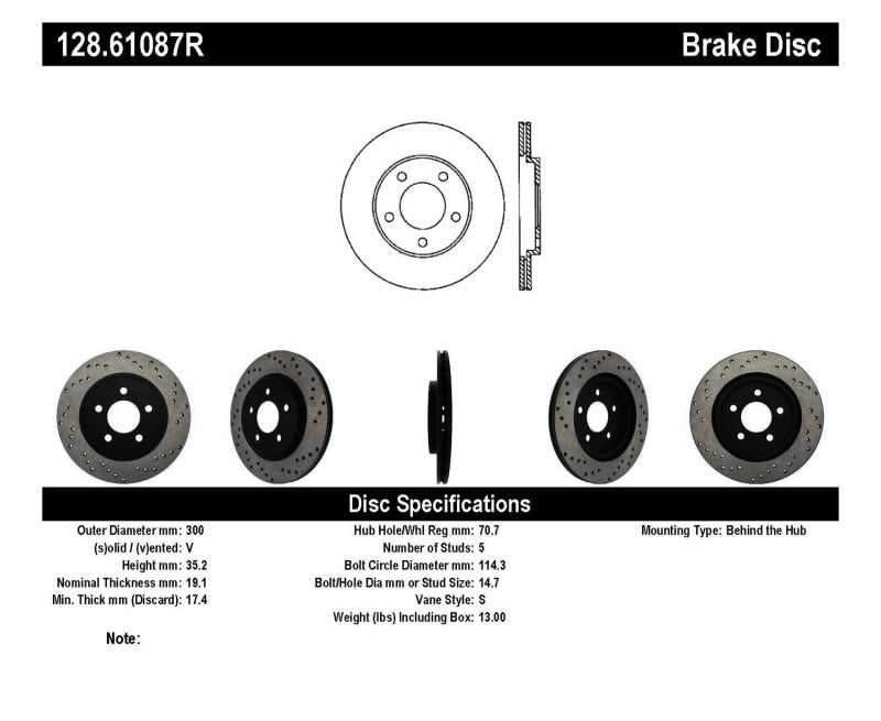 StopTech 05-10 Ford Mustang V6/4.0L / GT V8/4.6L Cross Drilled Right Rear Rotor-thumbmail-4