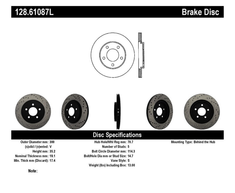 StopTech 05-10 Ford Mustang V6/4.0L / GT V8/4.6L Cross Drilled Left Rear Rotor-thumbmail-3