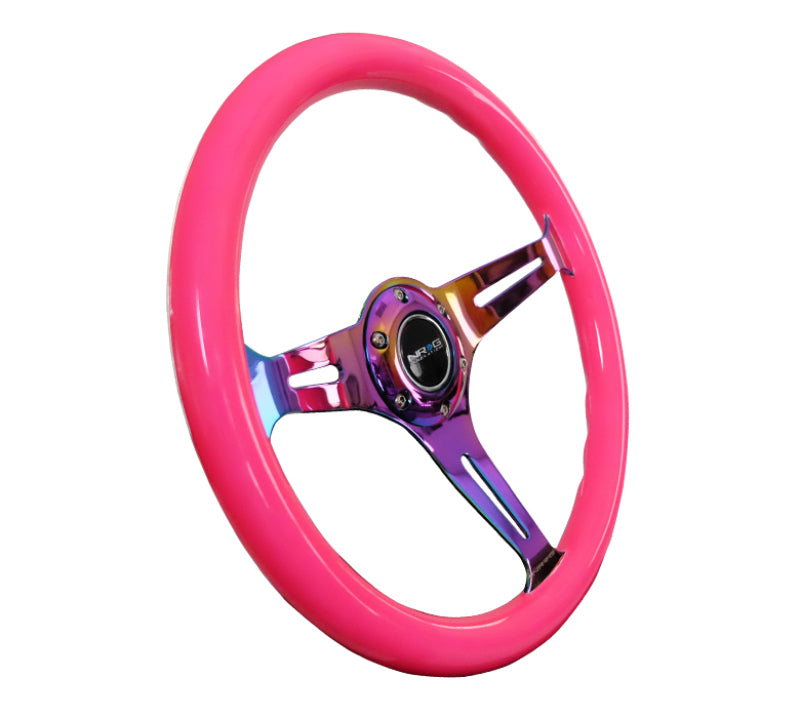 NRG Classic Wood Grain Steering Wheel (350mm) Neon Pink Painted Grip w/Neochrome 3-Spoke Center-thumbmail-2