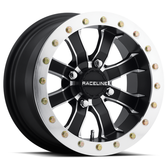 Raceline A71 Mamba 12x7in/4x110 BP/10mm Offset/83.8mm Bore - Black & Machined Ring Beadlock Wheel