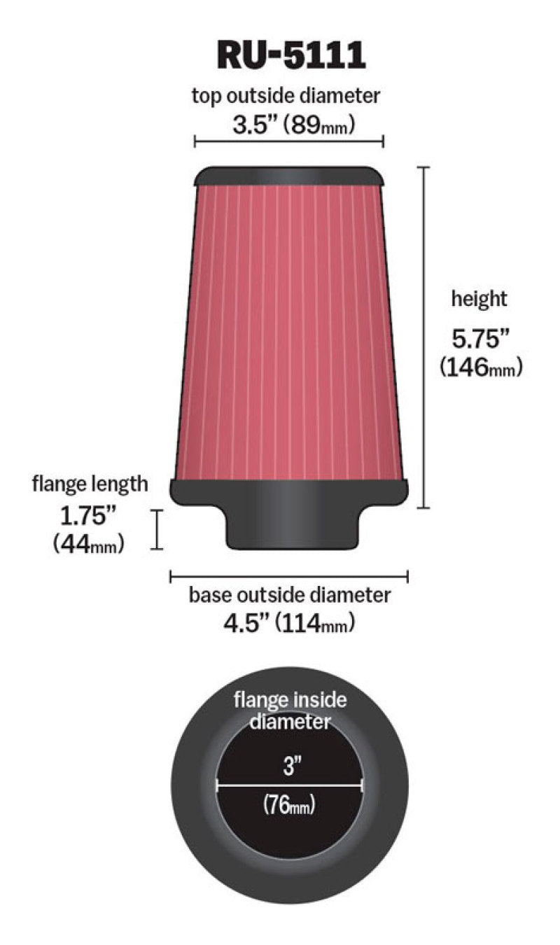 K&N Filter Universal Rubber Filter 3  Flange 4 1/2 Base inch 3 1/2 inch Top 5 3/4 inch Height-thumbmail-9