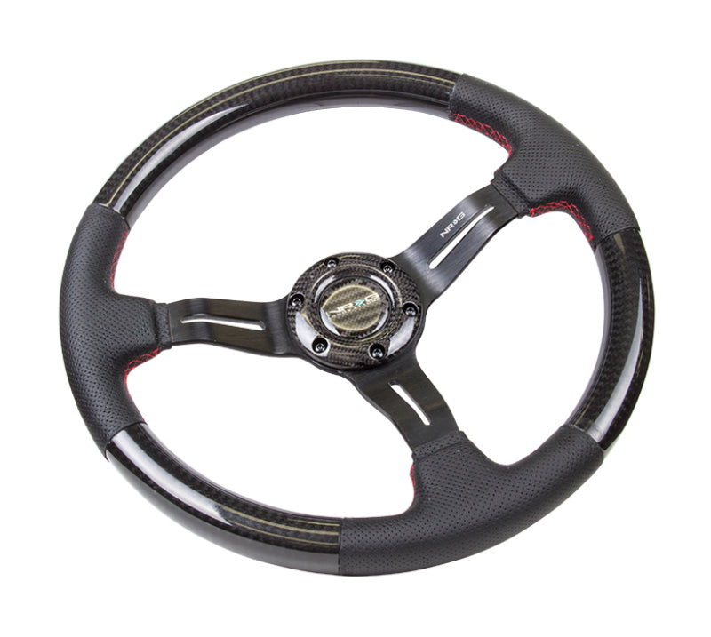 NRG Carbon Fiber Steering Wheel (350mm /1.5in. Deep) Leather Trim w/Red Stitch & Slit Cutout Spokes-thumbmail-1