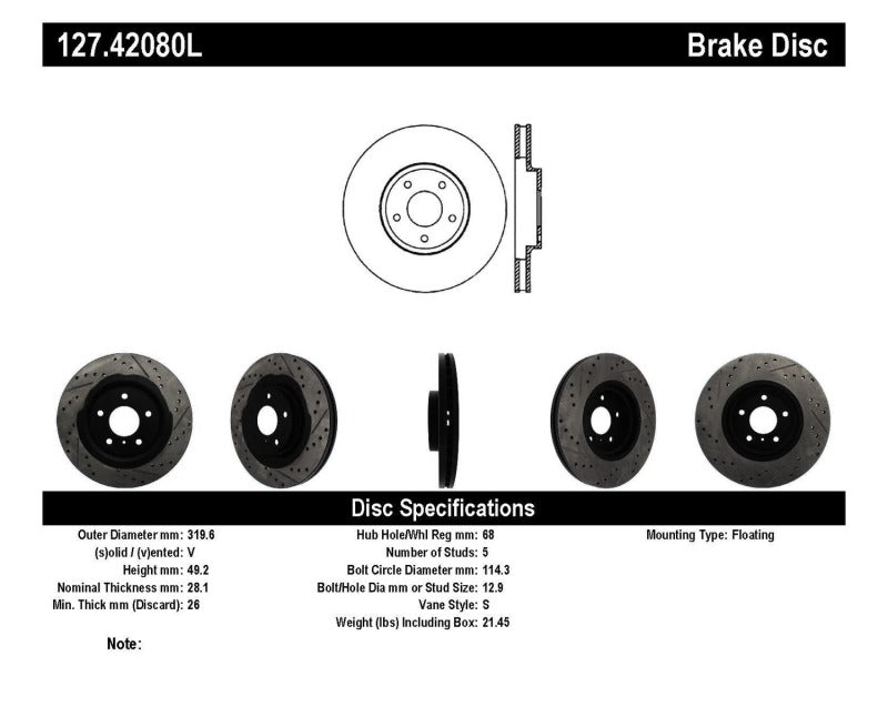 StopTech 06-07 350Z / 05-07 G35 exp Sport/ 06-07 G35X SportStop Slotted & Drilled Front Left Rotor-thumbmail-4
