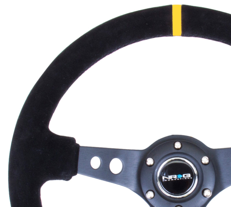 NRG Reinforced Steering Wheel (350mm / 3in. Deep) Blk Suede w/Circle Cut Spokes & Single Yellow CM-thumbmail-1