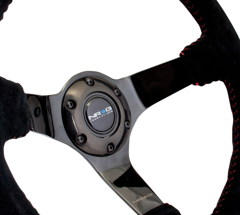 NRG Reinforced Steering Wheel (350mm / 3in. Deep) Blk Suede w/Red BBall Stitch & Black 3-Spoke-thumbmail-1