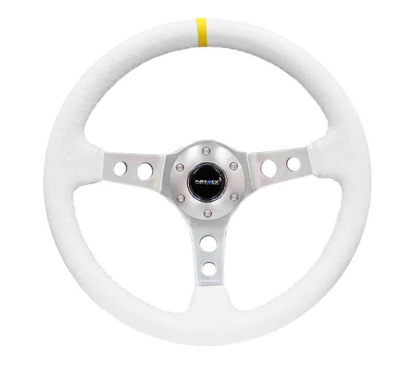NRG Reinforced Steering Wheel (350mm / 3in. Deep) Wht Leather w/Silver Spoke & Single Yellow Mark-thumbmail-2