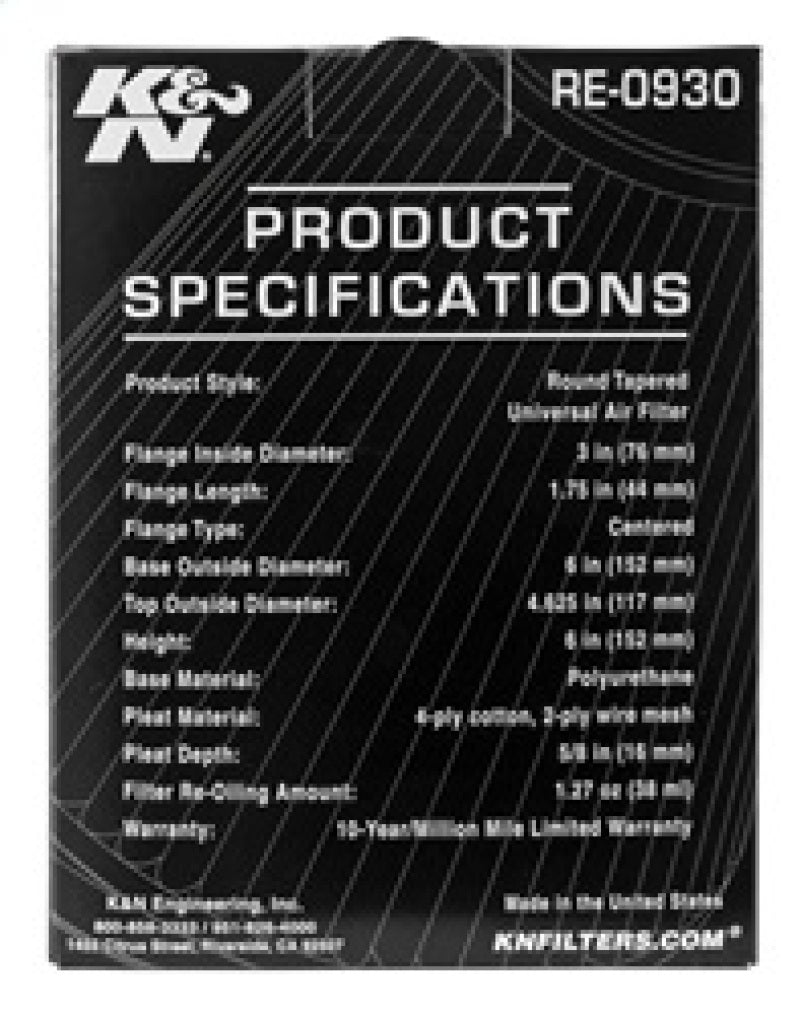 K&N Universal Rubber Filter - Round Tapered 6in Base OD x 3in Flange ID x 6in H-thumbmail-8
