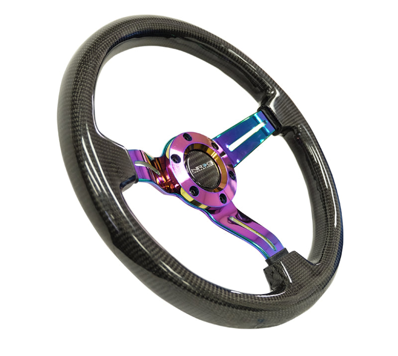 NRG Carbon Fiber Steering Wheel (350mm / 1.5in. Deep) Neochrome 3-Spoke Design w/Slit Cuts-thumbmail-1