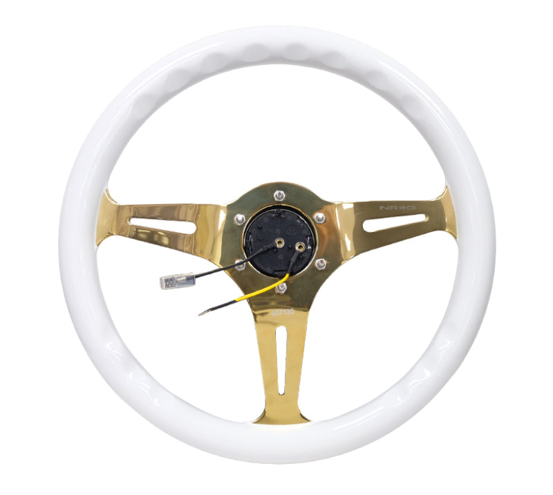NRG Classic Wood Grain Steering Wheel (350mm) White Grip w/Chrome Gold 3-Spoke Center-thumbmail-2