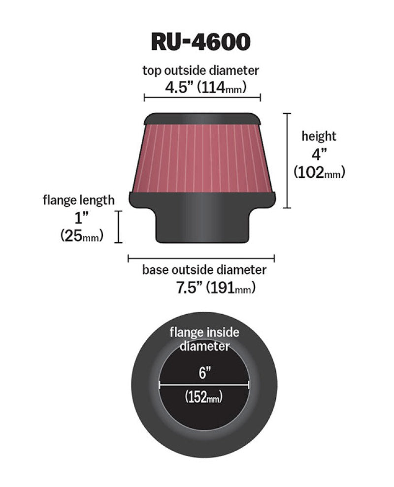 K&N Filter 6 inch Flange 7.5 inch Base 4.5 Top 4 inch Height-thumbmail-6