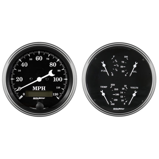 Auto Meter Gauge Kit 2 pc. Quad & Speedometer 5in Old Tyme Black