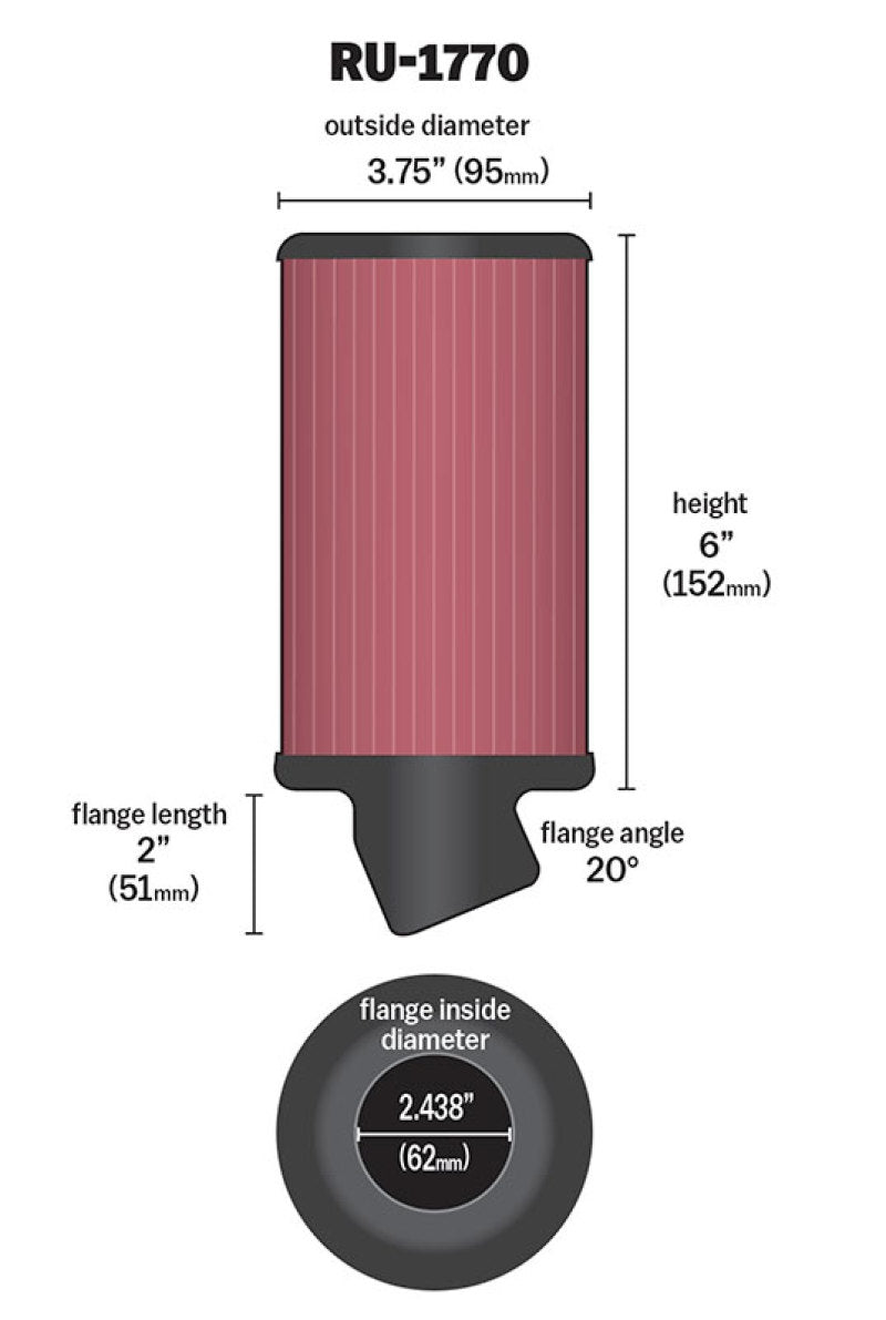 K&N Filter Universal Rubber Filter 2 7/16 inch 20 Degree Flange 3 3/4 inch OD 6 inch Height-thumbmail-6