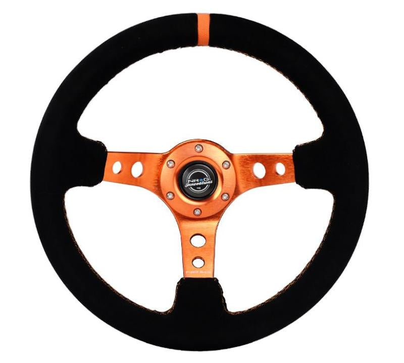 NRG Reinforced Steering Wheel (350mm/ 3in. Deep) Black Suede/ Orange Center Mark/ Orange Stitching-thumbmail-1