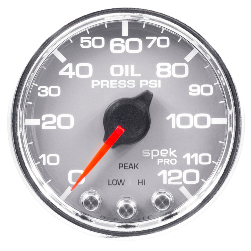 Autometer Spek-Pro Gauge Oil Press 2 1/16in 120psi Stepper Motor W/Peak & Warn Slvr/Chrm-thumbmail-1