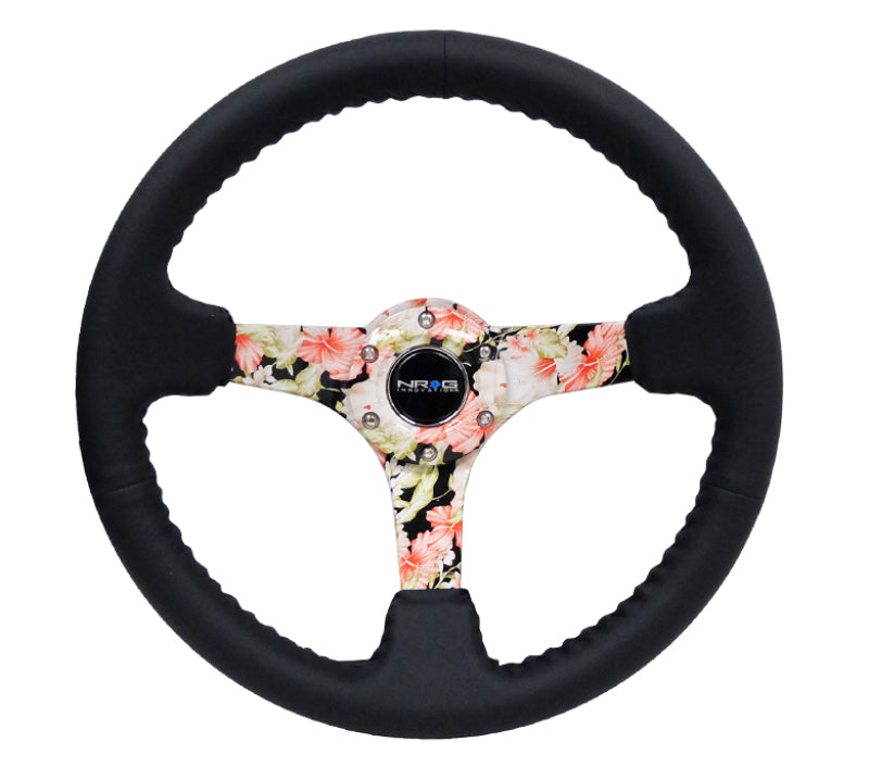 NRG Reinforced Steering Wheel (350mm / 3in. Deep) Blk Leather Floral Dipped w/ Blk Baseball Stitch-thumbmail-1