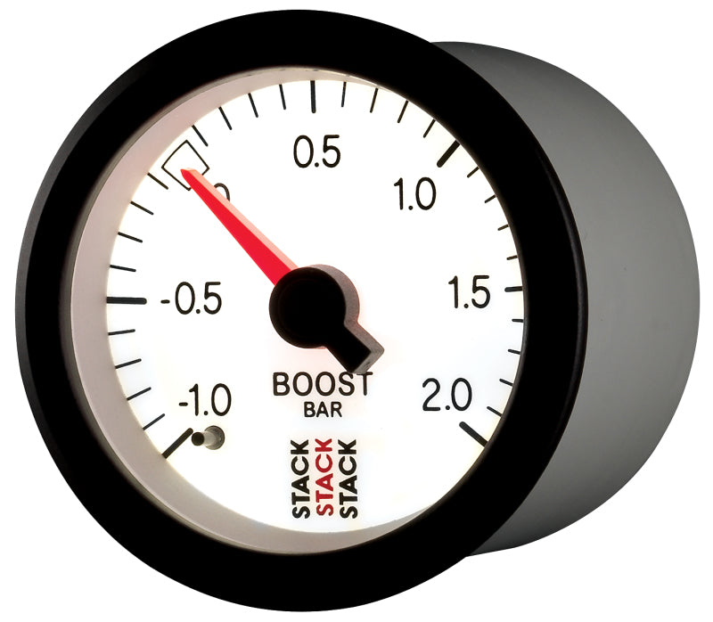 Autometer Stack 52mm -1 to +2 Bar T-Fitting 0.187in Barb (M) Mechanical Boost Pressure Gauge - White-thumbmail-2