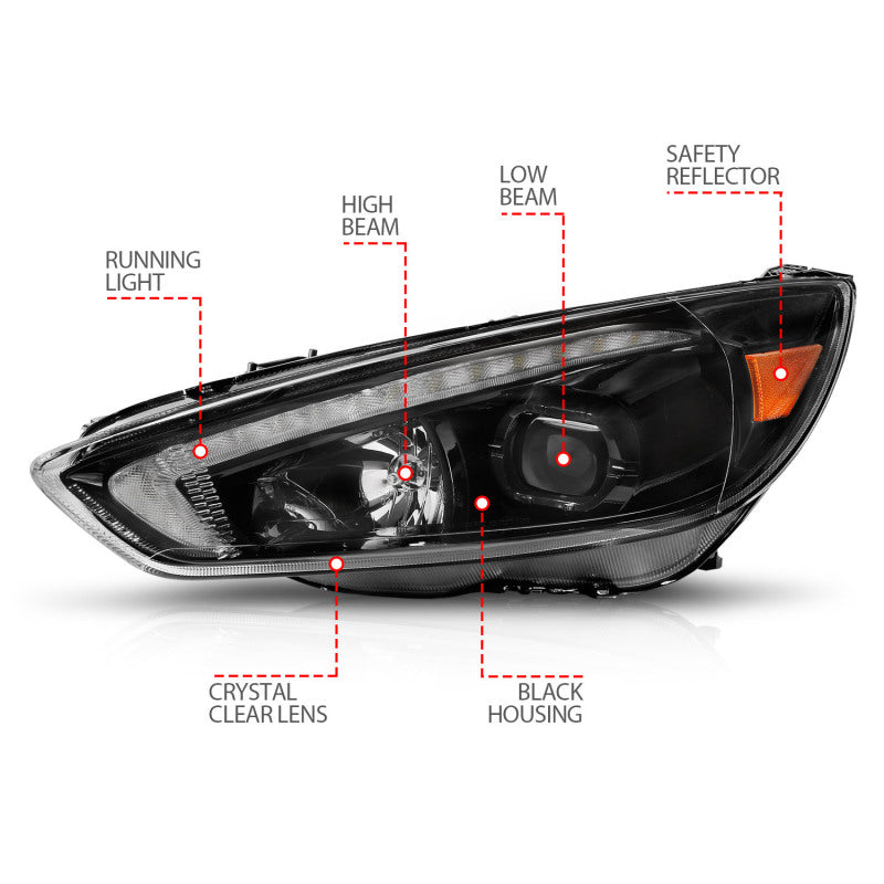 ANZO 15-18 Ford Focus Projector Headlights - w/ Light Bar Switchback Black Housing-thumbmail-5