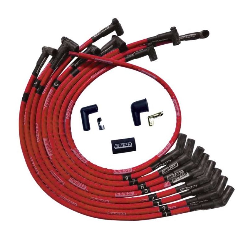 Moroso SB Ford 260/289/302 135 Deg Plug Boots HEI Sleeved Ultra Spark Plug Wire Set - Red-thumbmail-1