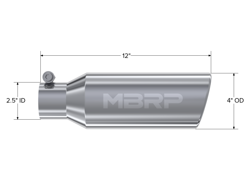 MBRP Universal Tip 4in OD 2.5in Inlet 12in Length Angled Cut Rolled End Clampless No-Weld T304-thumbmail-4