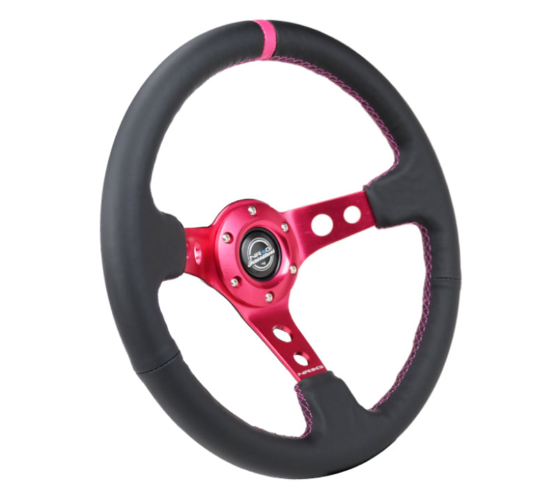 NRG Reinforced Steering Wheel (350mm/3in. Deep) Black Leather/ Fushia Center Mark/ Fushia Stitching-thumbmail-1