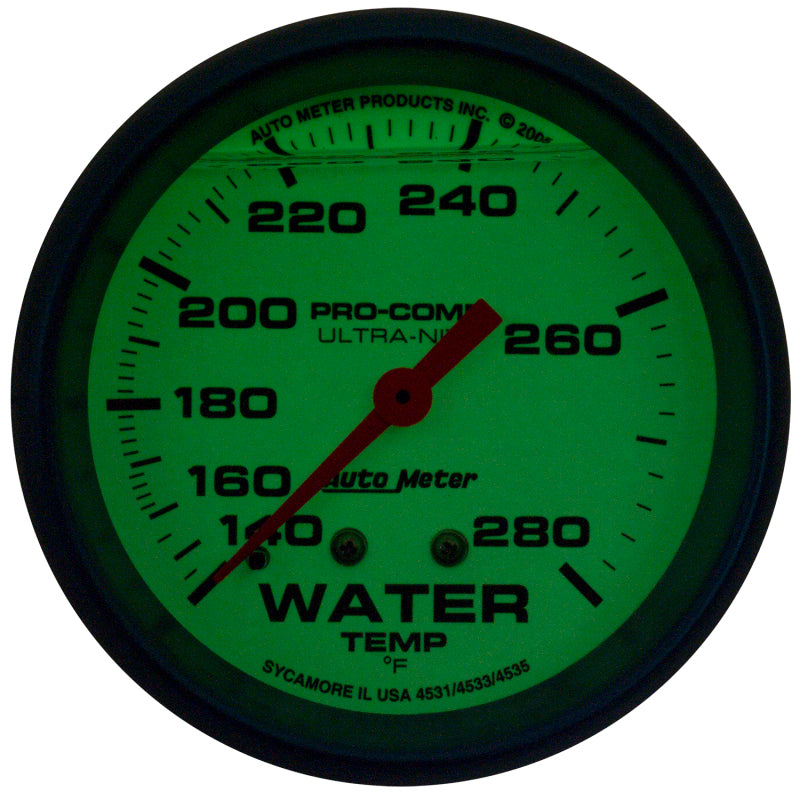 Autometer Ultra-Nite 2-5/8in 140-280 Degree Liquid Filled Mechanical Glow In Dark Water Temp Gauge-thumbmail-2