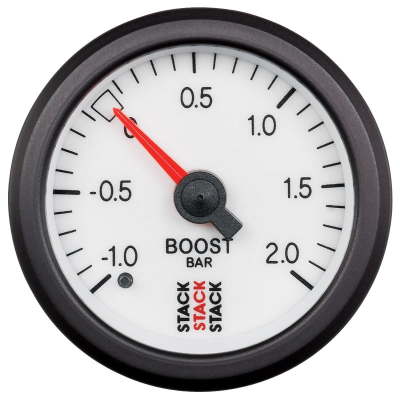 Autometer Stack 52mm -1 to +2 Bar T-Fitting 0.187in Barb (M) Mechanical Boost Pressure Gauge - White-thumbmail-1
