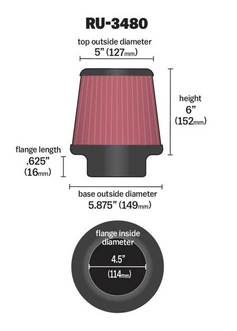 K&N Universal Rubber Filter 4 1/2 inch FLG / 5 7/8 inch Base / 5 inch Top / 6 inch Height-thumbmail-1