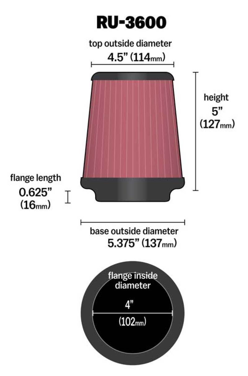 K&N Universal Air Filter 4in Flange / 5-3/8 in Base / 4-1/2in Top / 5in Height-thumbmail-3