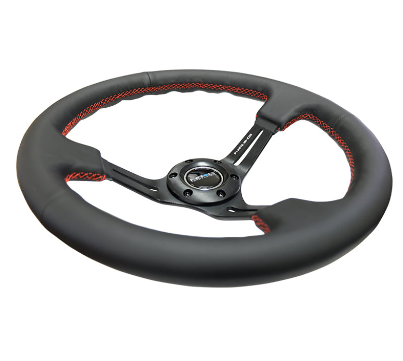 NRG Reinforced Steering Wheel (350mm / 3in. Deep) Black Leather/Red Stitch & Blk 3-Spoke w/Slits-thumbmail-2