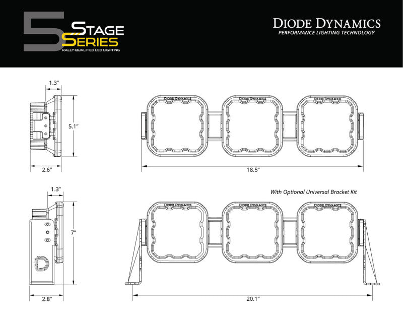 Diode Dynamics SS5 Sport Universal CrossLink 3-Pod Lightbar - Yellow Combo-thumbmail-3