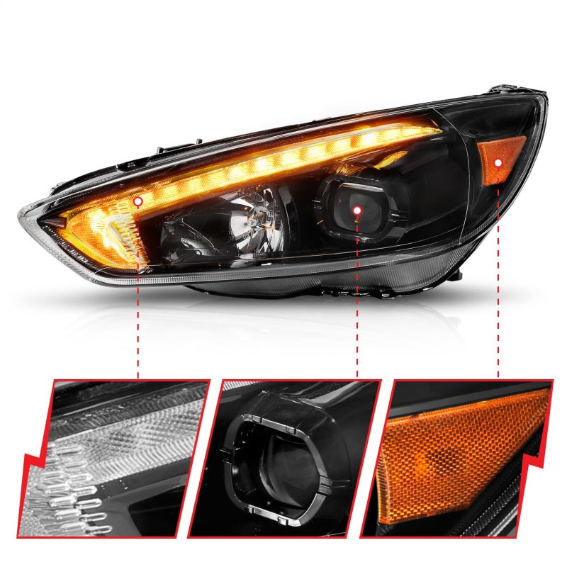 ANZO 15-18 Ford Focus Projector Headlights - w/ Light Bar Switchback Black Housing-thumbmail-6