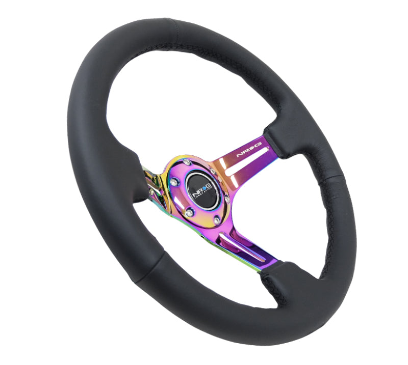 NRG Reinforced Steering Wheel (350mm / 3in. Deep) Blk Leather/Blk Stitch w/Neochrome Slits-thumbmail-1