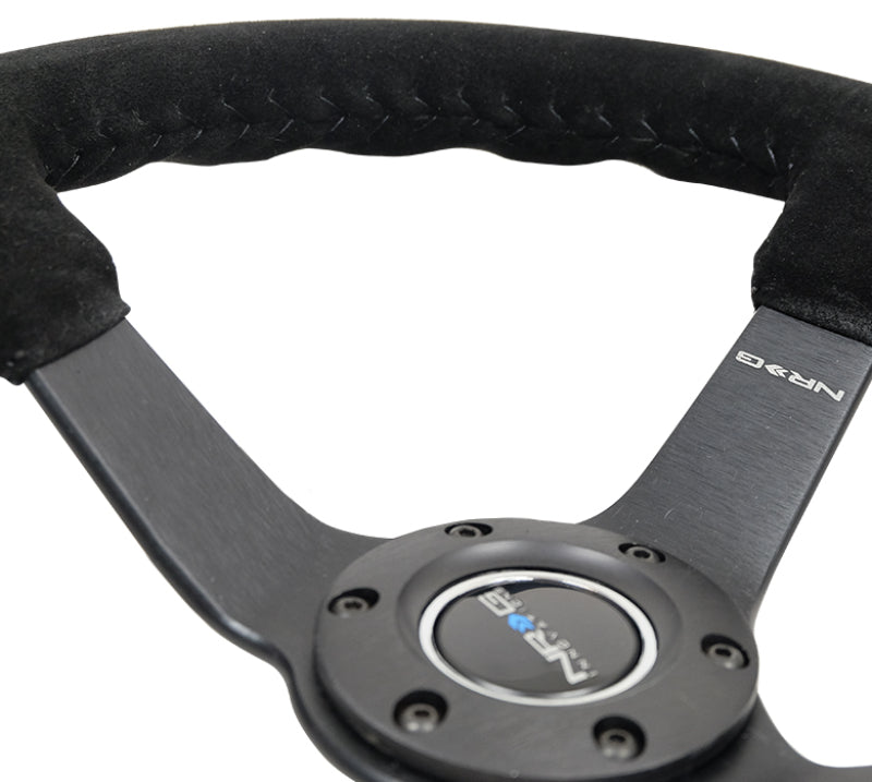 NRG Reinforced Steering Wheel (350mm / 3in. Deep) Blk Suede/Blk Bball Stitch w/5mm Matte Black Spoke-thumbmail-1