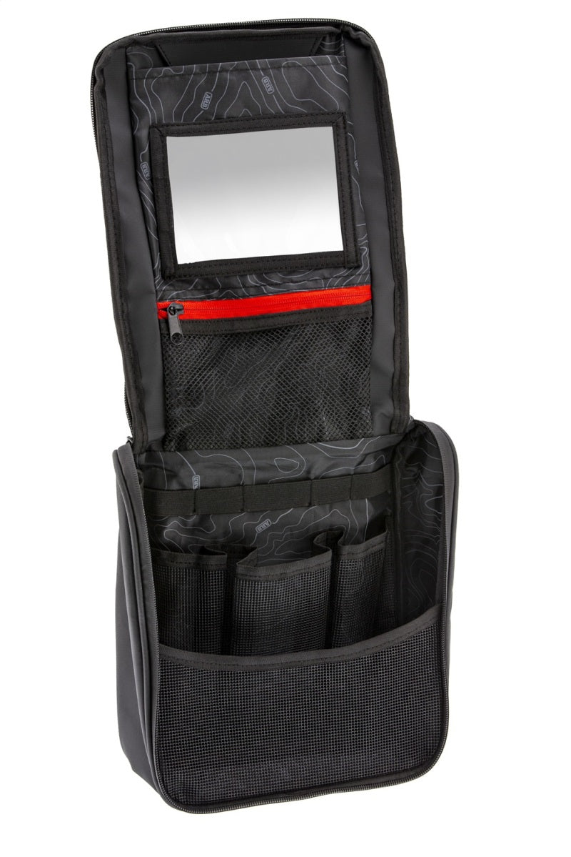 ARB Toiletries Bag Charcoal Finish w/ Red Highlights PVC Outer Shell Mesh Pockets Mirror