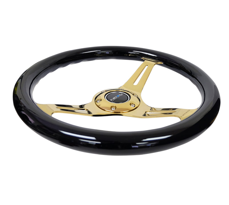 NRG Classic Wood Grain Steering Wheel (350mm) Black Grip w/Chrome Gold 3-Spoke Center-thumbmail-2