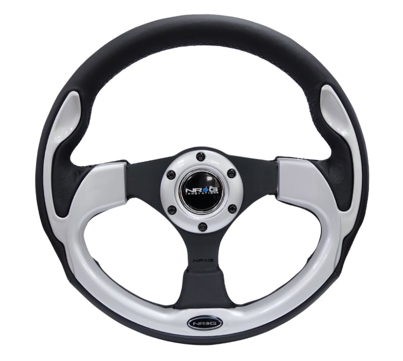 NRG Reinforced Steering Wheel (320mm) Blk w/Silver Trim & 5mm 3-Spoke-thumbmail-4