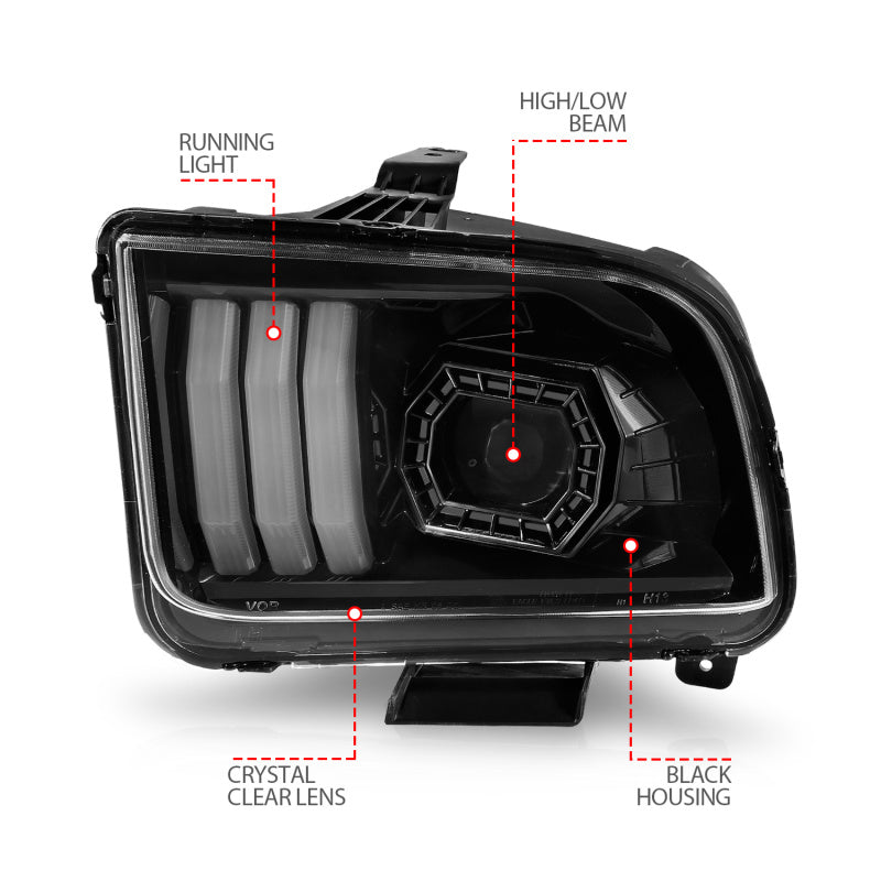 ANZO 05-09 Ford Mustang (w/Factory Halogen HL Only) Projector Headlights w/Light Bar Black Housing-thumbmail-2