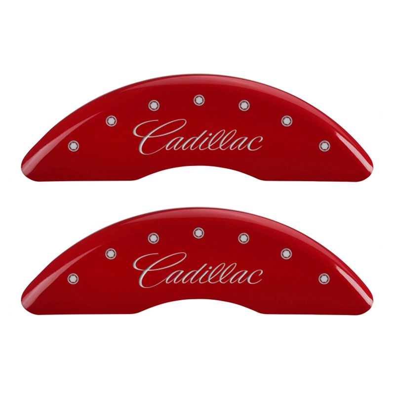 MGP 4 Caliper Covers Engraved Front Cursive/Cadillac Engraved Rear CTS Red finish silver ch-thumbmail-1