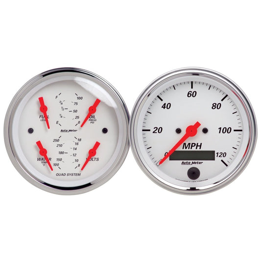 Autometer Arctic White 3-3/8in Kit Box w/Elec Speedo Elec Oil Press, Water Temp, Volt, Fuel Level
