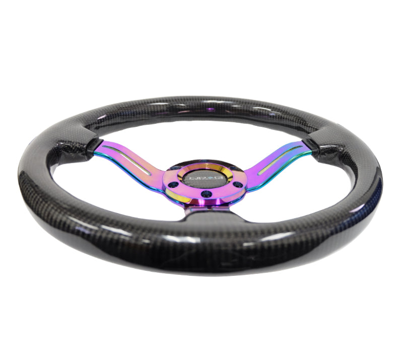 NRG Carbon Fiber Steering Wheel (350mm / 1.5in. Deep) Neochrome 3-Spoke Design w/Slit Cuts-thumbmail-2