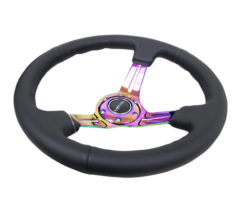 NRG Reinforced Steering Wheel (350mm / 3in. Deep) Blk Leather/Blk Stitch w/Neochrome Slits-thumbmail-2