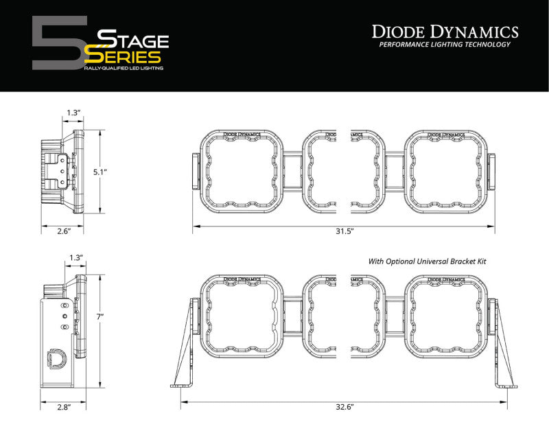 Diode Dynamics SS5 Sport Universal CrossLink 5-Pod Lightbar - Yellow Combo-thumbmail-4