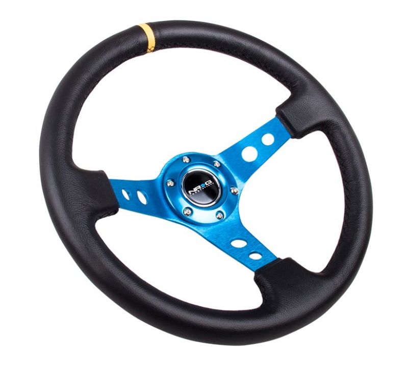 NRG Reinforced Steering Wheel (350mm / 3in. Deep) Blk Leather w/Blue Circle Cutout Spokes-thumbmail-2