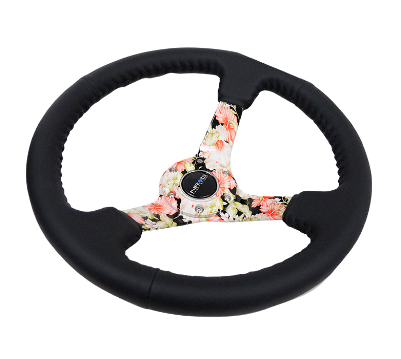 NRG Reinforced Steering Wheel (350mm / 3in. Deep) Blk Leather Floral Dipped w/ Blk Baseball Stitch-thumbmail-2