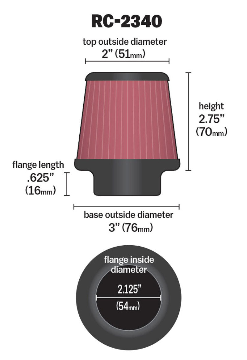 K&N Universal Chrome Filter 2.125 in Flange ID / 3in Base OD / 2in Top OD / 2.75in Height-thumbmail-11